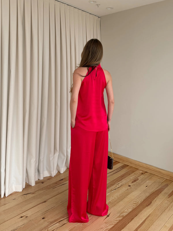 Kırmızı Saten Bluz Pantolon Takım - 30433
