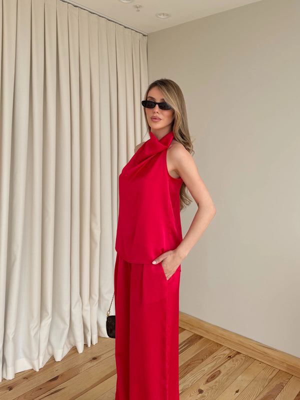 Kırmızı Saten Bluz Pantolon Takım - 30433