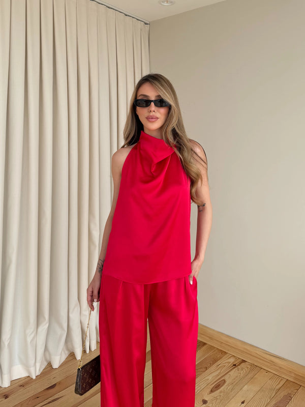 Kırmızı Saten Bluz Pantolon Takım - 30433