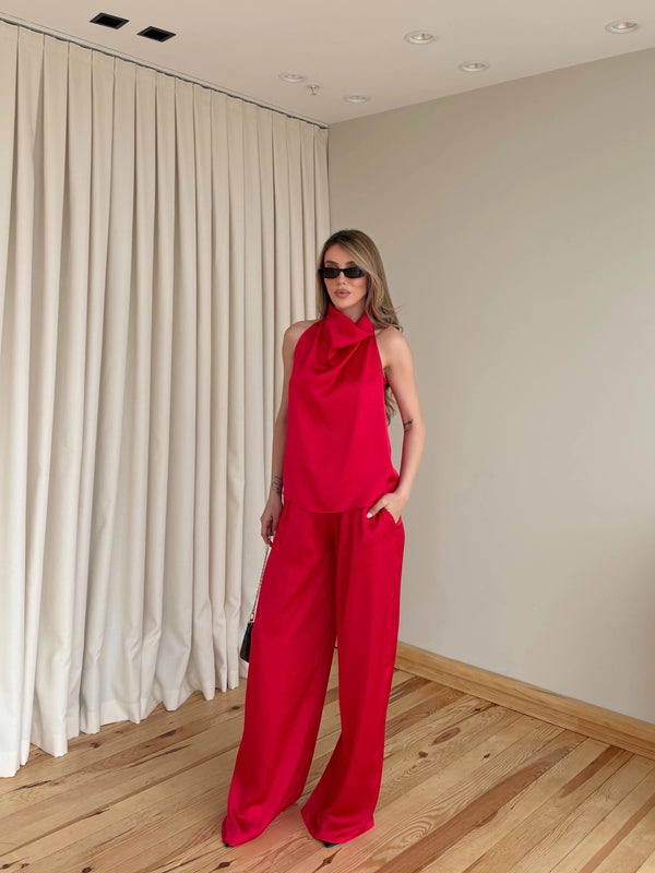 Kırmızı Saten Bluz Pantolon Takım - 30433