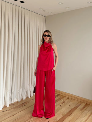 Kırmızı Saten Bluz Pantolon Takım - 30433