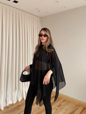 Siyah Transparan Şifon Bluz - 5070