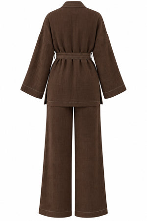 Kahverengi %100 Pamuk Cepli Kuşaklı Kimono Takım - 2y8491