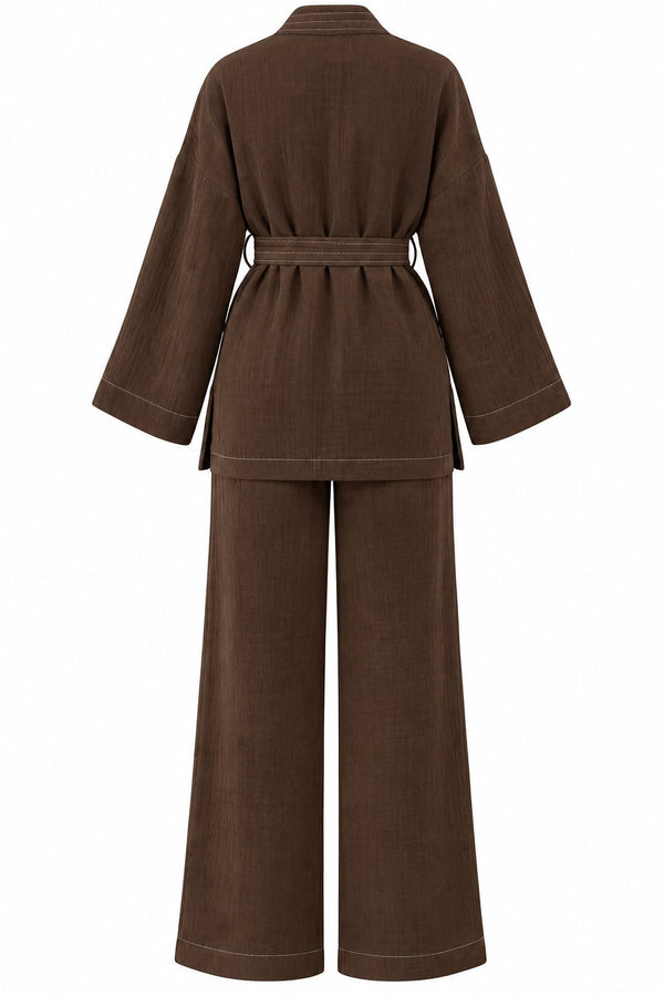 Kahverengi %100 Pamuk Cepli Kuşaklı Kimono Takım - 2y8491