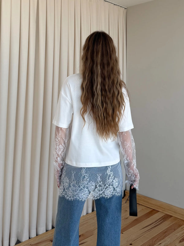 Açık Ekru Eteği Kolları Dantel Tshirt - 261031