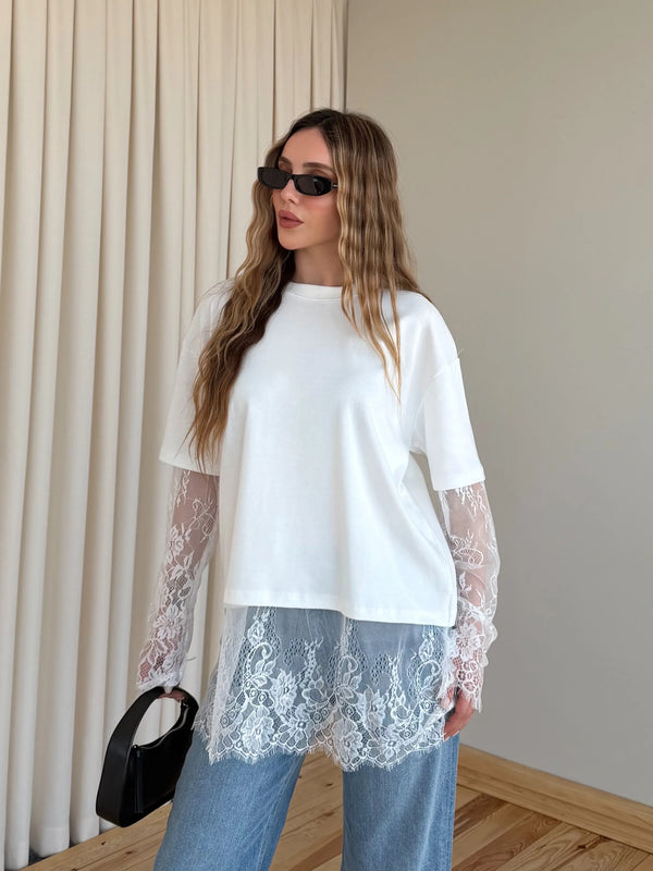 Açık Ekru Eteği Kolları Dantel Tshirt - 261031