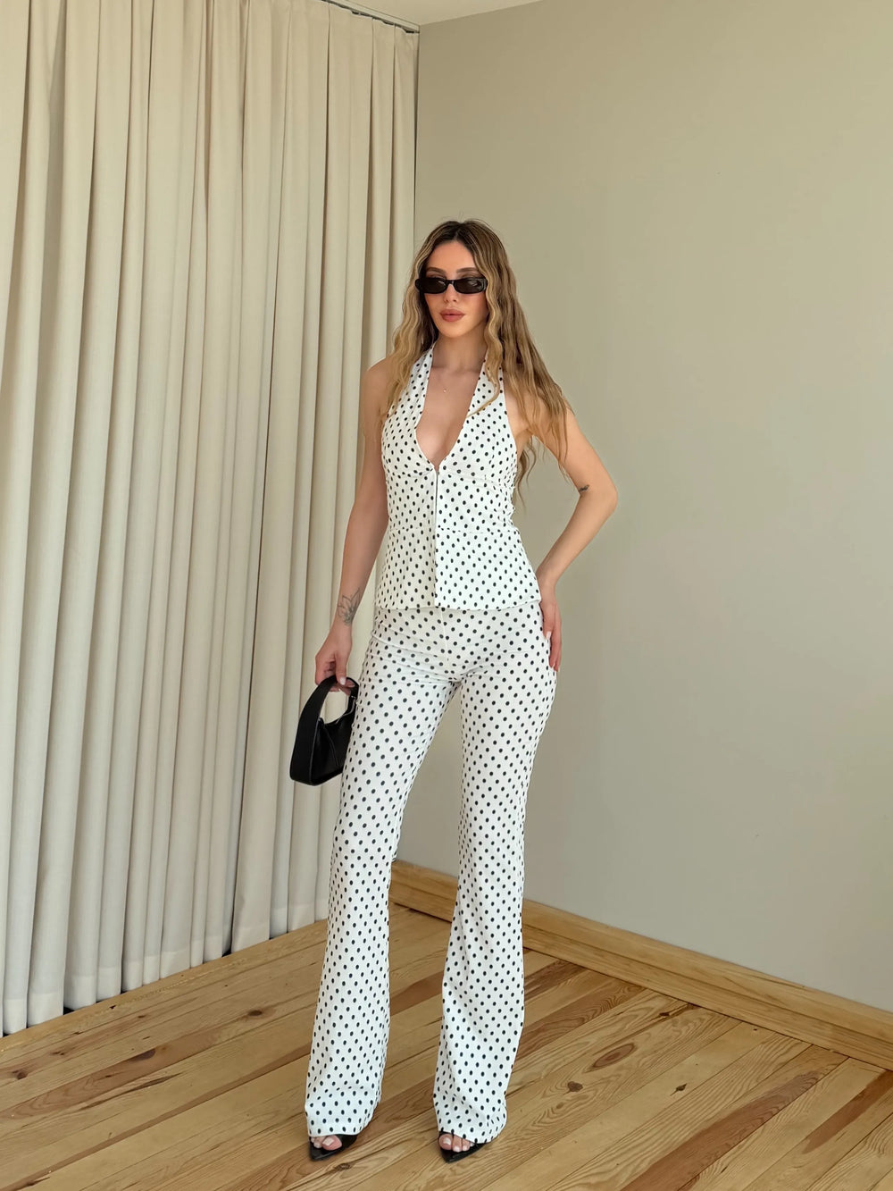 Beyaz Puantiyeli Büstiyer Pantolon Takım - 7350
