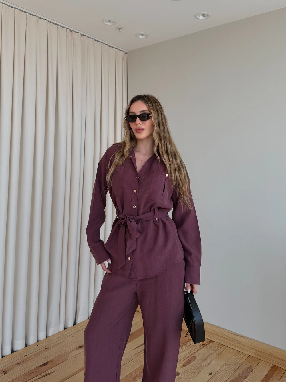 Bordo Gold Düğmeli Tensel Gömlek Pantolon Takım - 7313