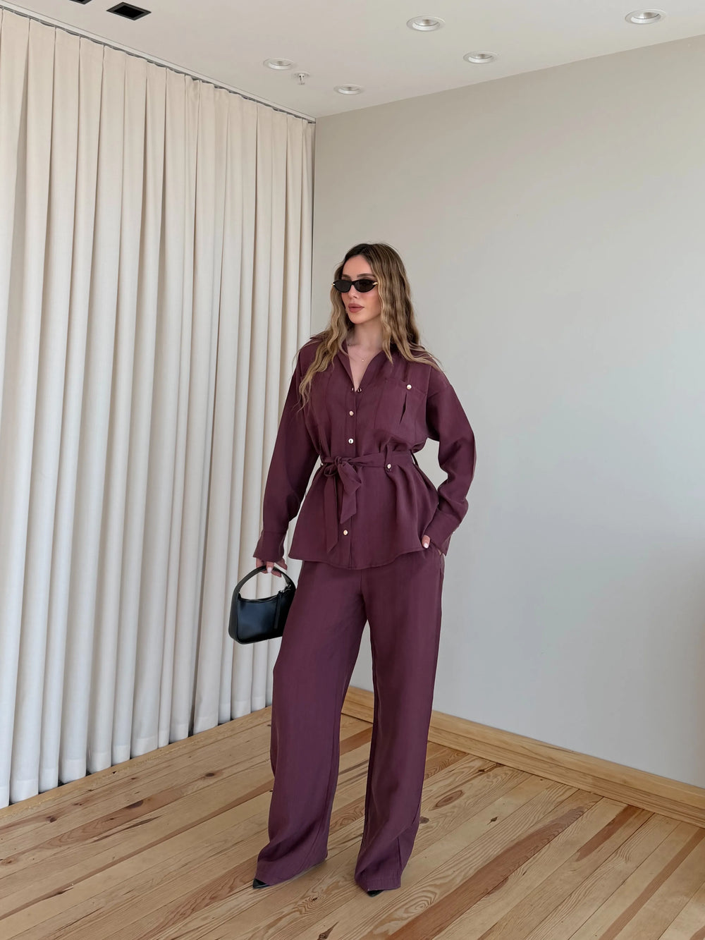 Bordo Gold Düğmeli Tensel Gömlek Pantolon Takım - 7313
