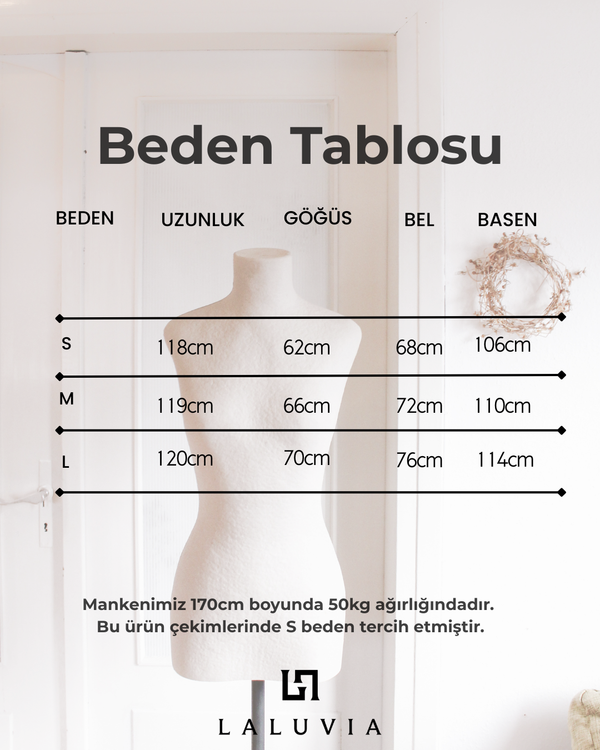Mavi çiçek desenli straplez fularlı polyester elbise için beden uzunluk ve bel ölçü tablosu detay görseli
