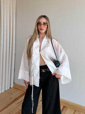 Kırık Beyaz İp Bağcıklı Transparan Kimono - 5098