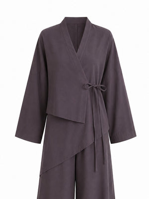 Kahverengi Bel Tasarım Detaylı Kimono Takım - TK8009