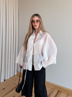 Kırık Beyaz İp Bağcıklı Transparan Kimono - 5098