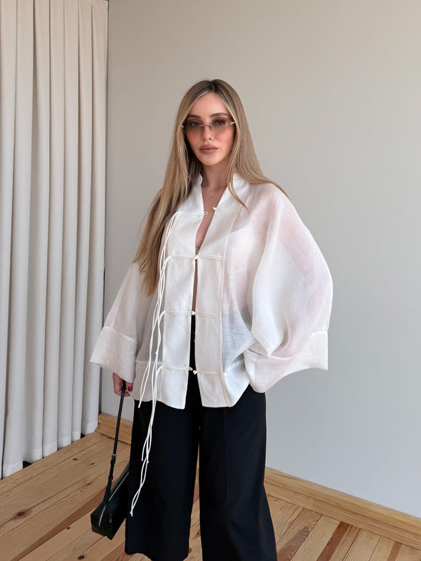 Kırık Beyaz İp Bağcıklı Transparan Kimono - 5098