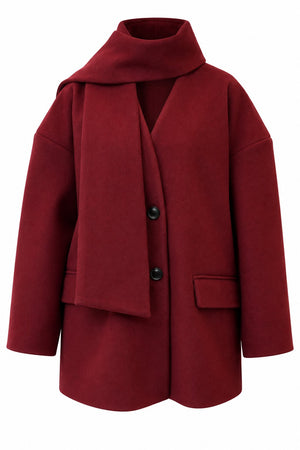 Bordo Atkı Detaylı Düğmeli Kaşe Ceket - 2y25912
