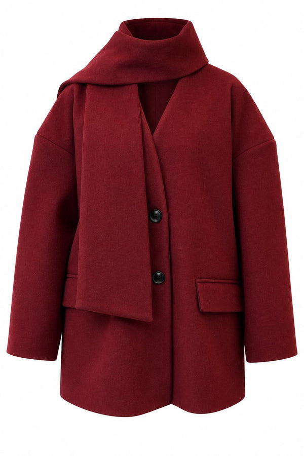 Bordo Atkı Detaylı Düğmeli Kaşe Ceket - 2y25912