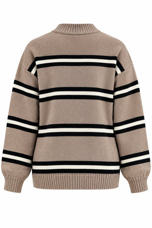 Kahverengi Renkli Çizgili Oversize Örme Kazak - 2y2516