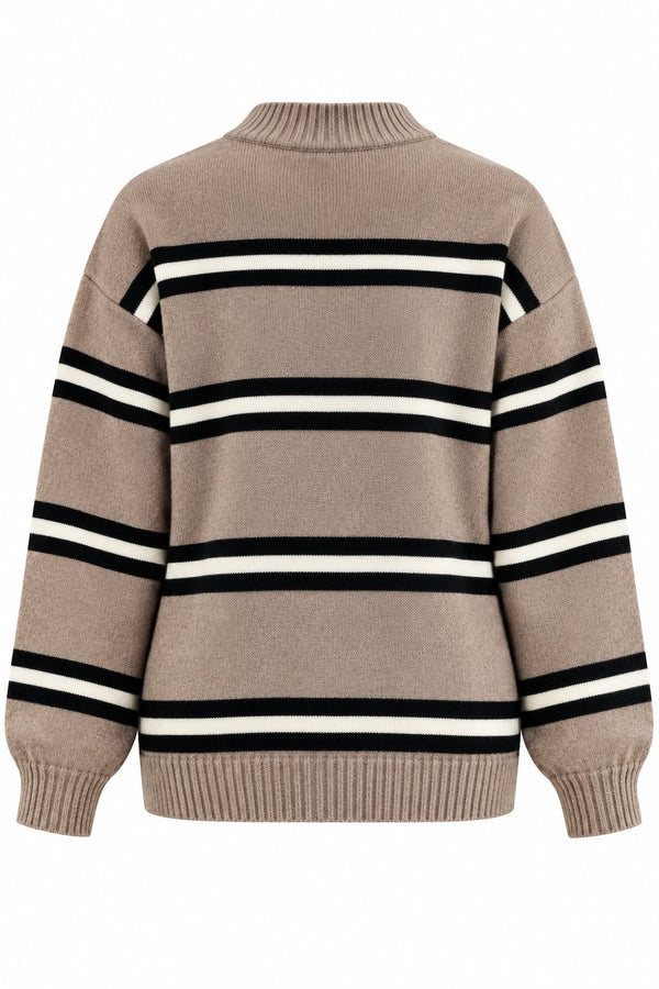 Kahverengi Renkli Çizgili Oversize Örme Kazak - 2y2516