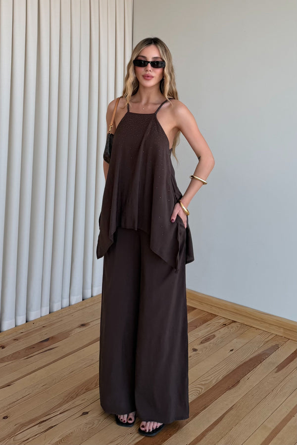 Kahverengi Taş Detaylı Tulum - 3464