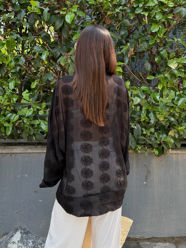 Siyah Frog Kapama Nakışlı Kimono - 5096