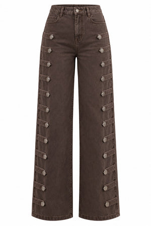 Kahverengi Napolyon Düğme Detaylı Wide Leg Pantolon - 1113