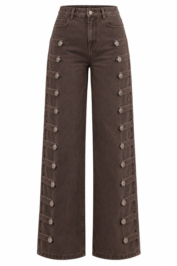 Kahverengi Napolyon Düğme Detaylı Wide Leg Pantolon - 1113