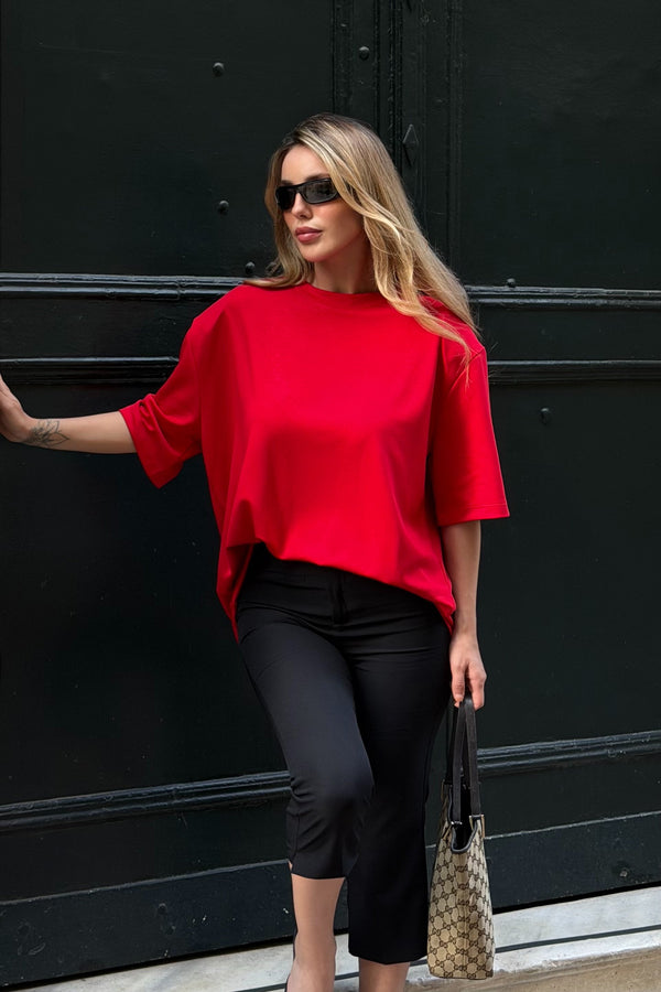 Kırmızı Sırtı Taşlı Kalp Dekolteli Vatkalı T-shirt - 4122