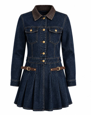 Lacivert Pileli Etek Ceket Denim Takım - 0984
