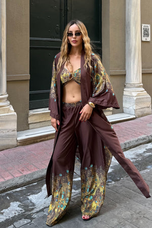 Kahverengi Tasarım Büstiyer Kimono Üçlü Takım - 8606