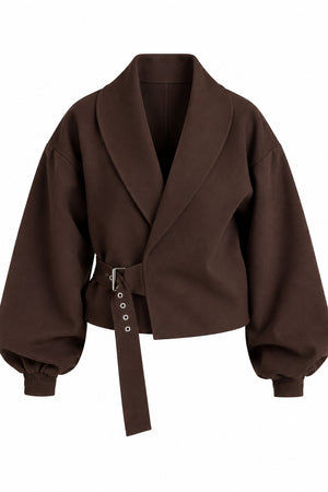 Kahverengi Kendinden Kemerli Crop Ceket - 5169
