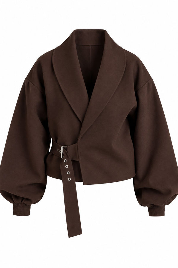 Kahverengi Kendinden Kemerli Crop Ceket - 5169