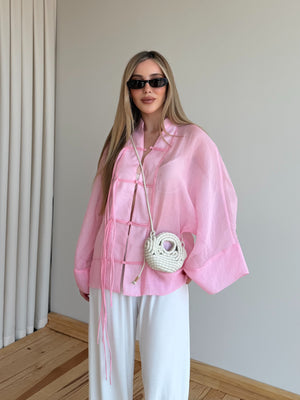 Pembe İp Bağcıklı Transparan Kimono - 5098