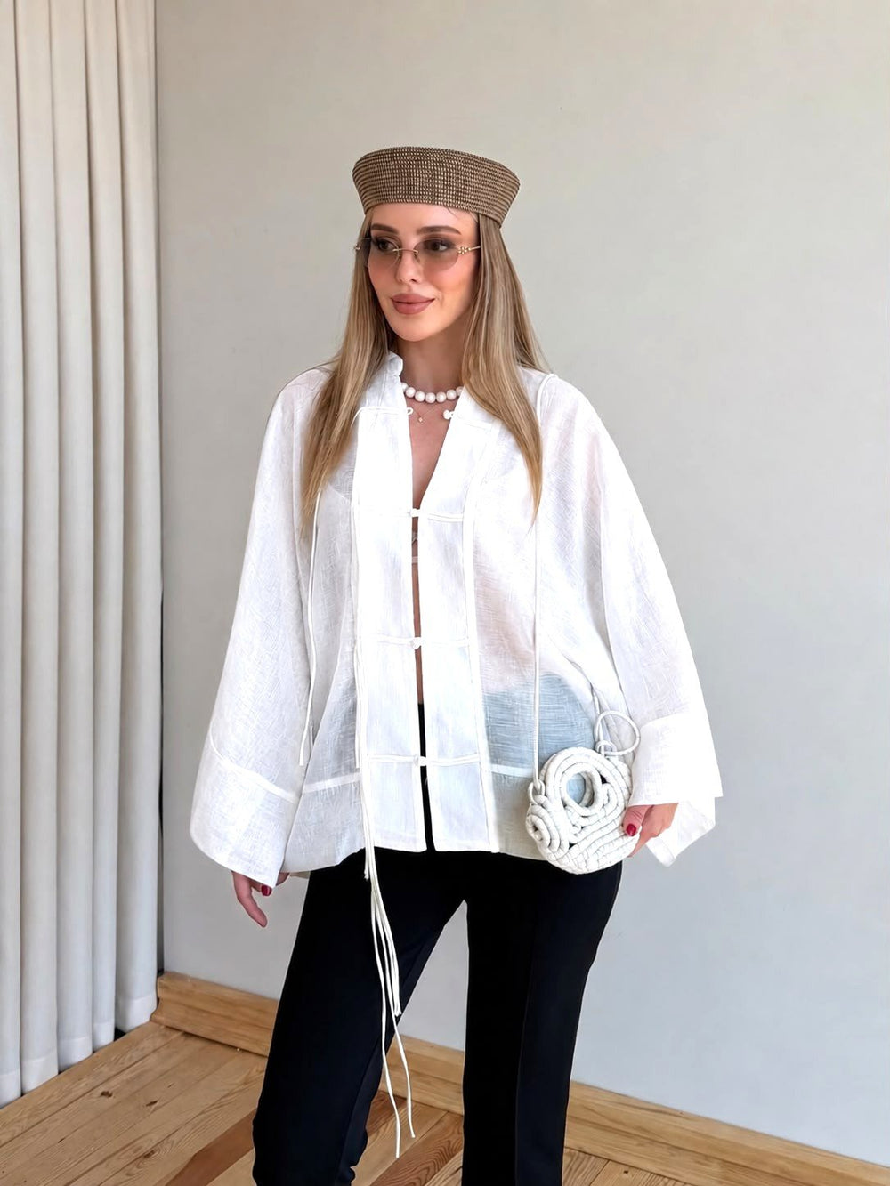 Beyaz İp Bağcıklı Transparan Kimono - 5098