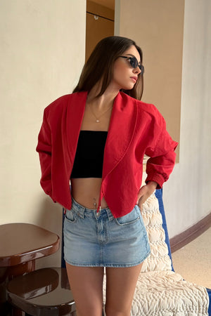 Kırmızı Şal Yaka Kemerli Crop Ceket - 4177