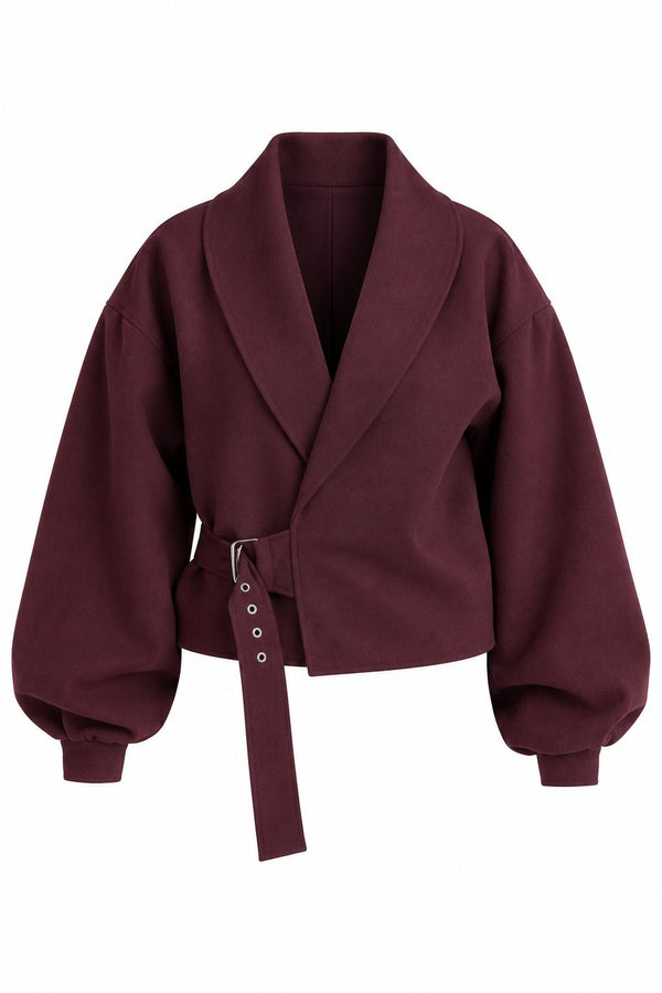 Bordo Kendinden Kemerli Crop Ceket - 5169