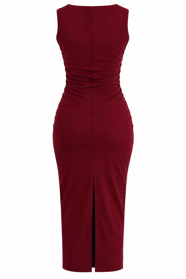 Bordo Drape Detaylı Midi Yırtmaçlı Elbise - 2y0506