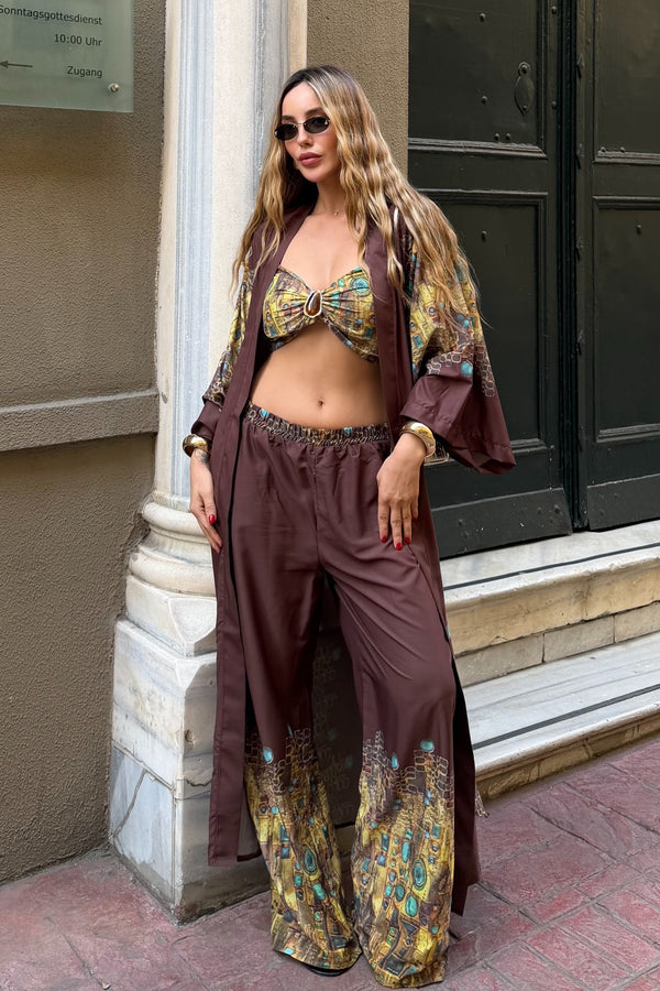 Kahverengi Tasarım Büstiyer Kimono Üçlü Takım - 8606