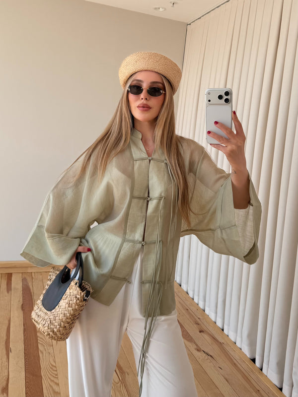 Adaçayı İp Bağcıklı Transparan Kimono - 5098
