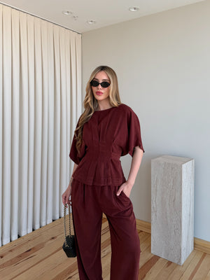 Bordo Yarasa Kol Belden Oturtma Bluz Salaş Pantolon Takım - 650008