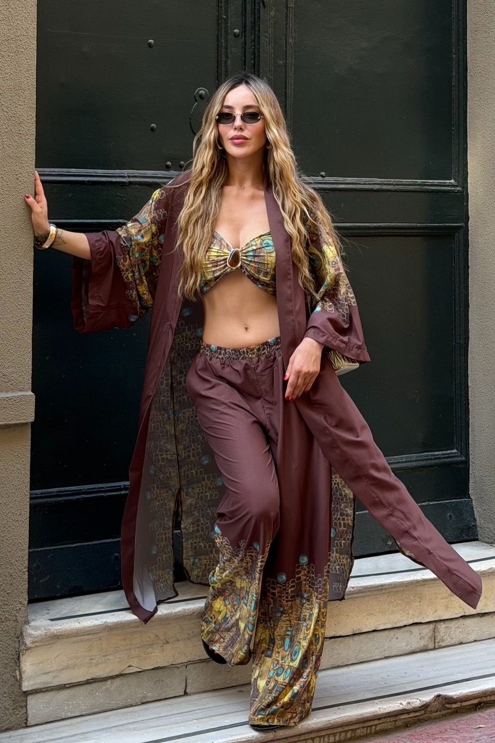 Kahverengi Tasarım Büstiyer Kimono Üçlü Takım - 8606
