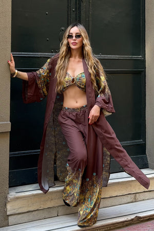 Kahverengi Tasarım Büstiyer Kimono Üçlü Takım - 8606