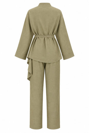 Haki Volanlı İnce Kemerli Kimono Takım - 8739