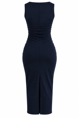 Lacivert Drape Detaylı Midi Yırtmaçlı Elbise - 2y0506