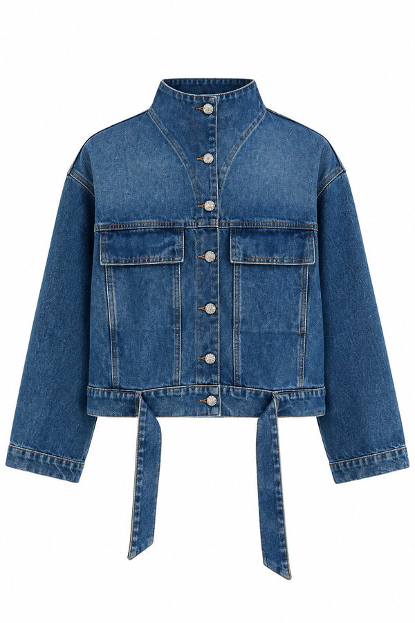 Mavi Dik Yaka Kemerli Denim Ceket - 1267