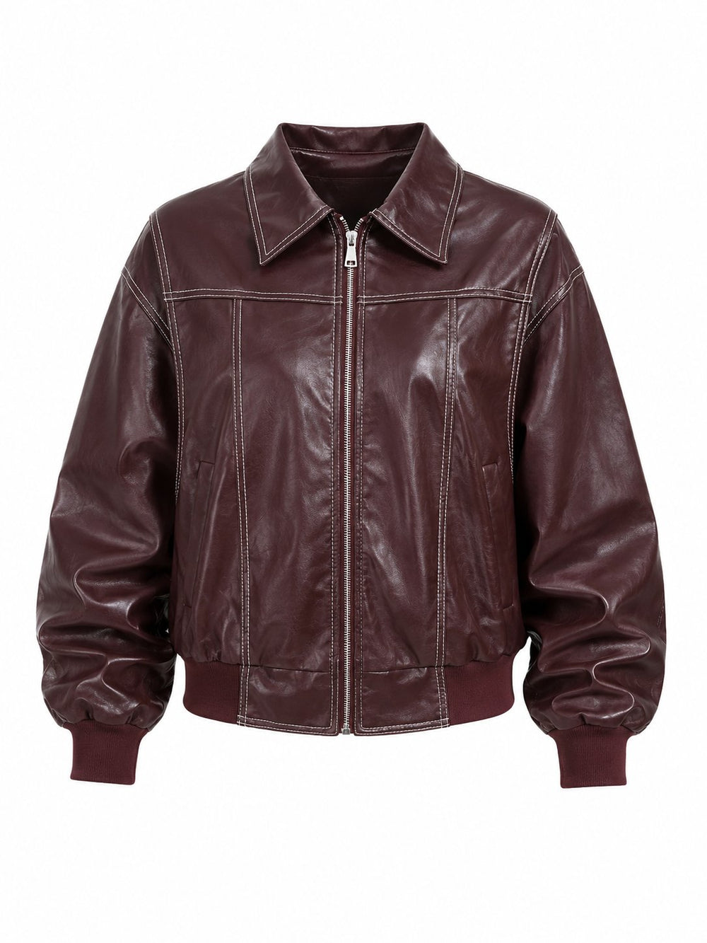 Bordo Dikiş Detaylı Deri Ceket - 1071