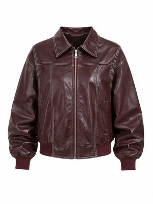 Bordo Dikiş Detaylı Deri Ceket - 1071