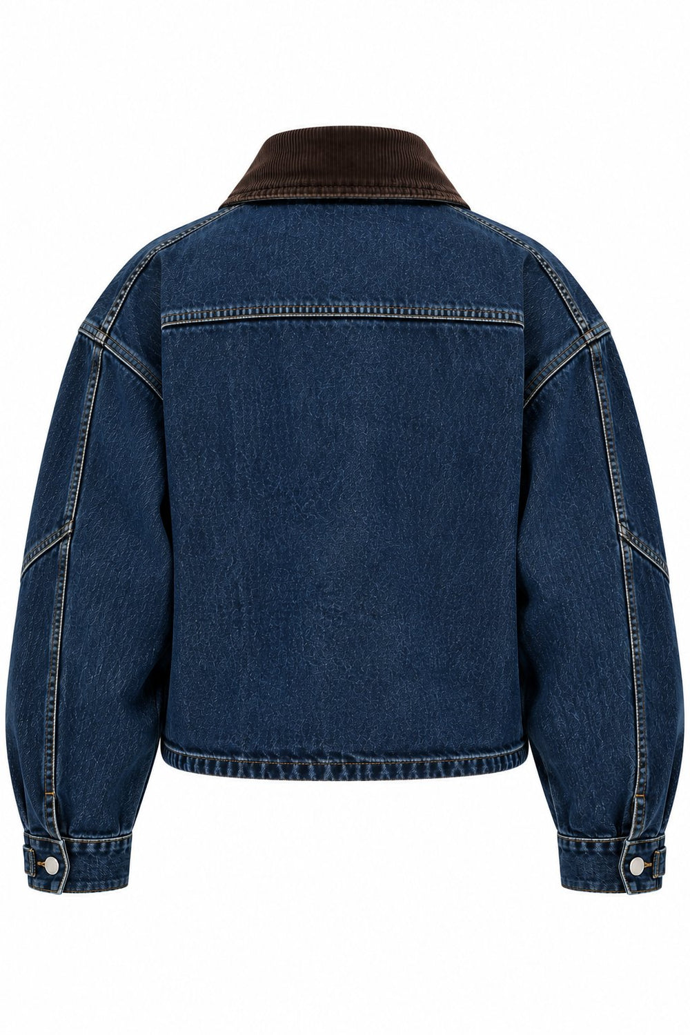 Lacivert Yakası Kemerli Crop Denim Ceket - 1114