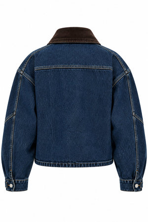 Lacivert Yakası Kemerli Crop Denim Ceket - 1114