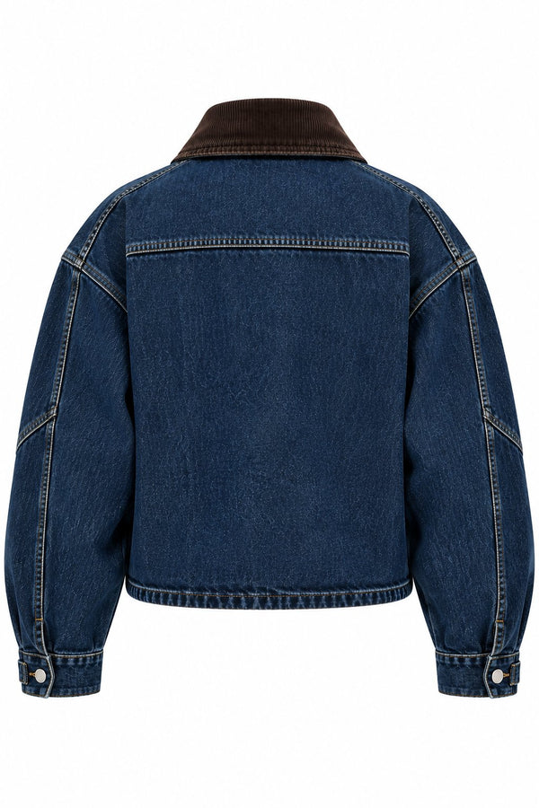 Lacivert Yakası Kemerli Crop Denim Ceket - 1114