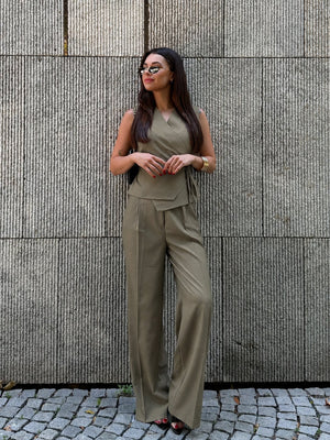 Haki Donna Kruvaze Yelek Pantolon Takım - 8496